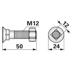 Pflugschraube - DIN 608 mit Vierkantansatz und Mutter - M12 x 50 mm - Variante 3 – Pflug Ersatzteil