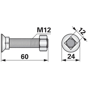 Pflugschraube - DIN 608 mit Vierkantansatz und Mutter - M12 x 60 mm – Pflug Ersatzteil