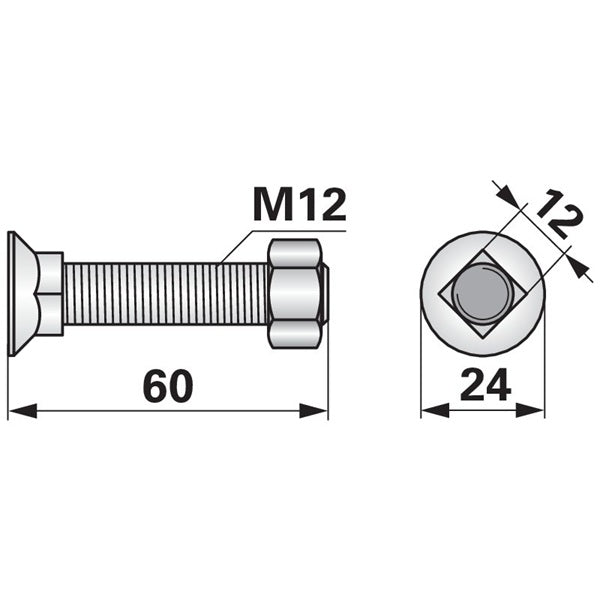 Pflugschraube - DIN 608 mit Vierkantansatz und Mutter - M12 x 60 mm - Variante 4 – Pflug Ersatzteil