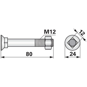 Pflugschraube - DIN 608 mit Vierkantansatz und Mutter - M12 x 80 mm – Landtechnik Ersatzteil