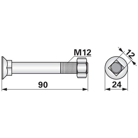 Pflugschraube - DIN 608 mit Vierkantansatz und Mutter - M12 x 90 mm – Landtechnik Ersatzteil