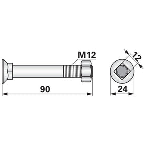 Pflugschraube - DIN 608 mit Vierkantansatz und Mutter - M12 x 90 mm - Variante 2 – Pflug Ersatzteil