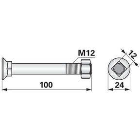 Pflugschraube - DIN 608 mit Vierkantansatz und Mutter - M12 x 100 mm – Landtechnik Ersatzteil