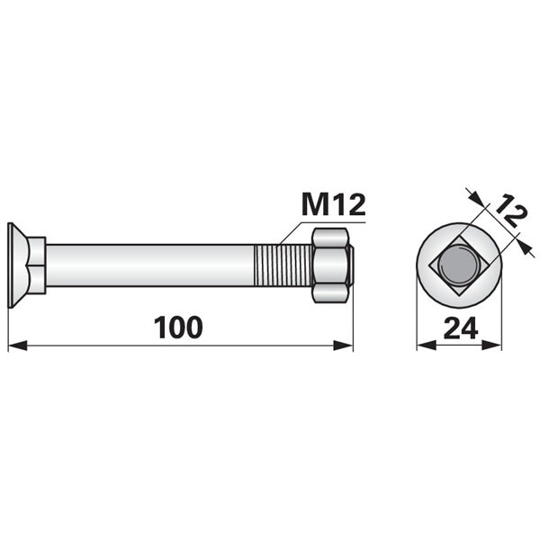 Pflugschraube - DIN 608 mit Vierkantansatz und Mutter - M12 x 100 mm – Schrauben Ersatzteil