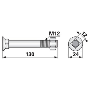 Pflugschraube - DIN 608 mit Vierkantansatz und Mutter - M12 x 130 mm – Landtechnik Ersatzteil