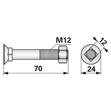 Pflugschraube - DIN 608 mit Vierkantansatz und Mutter - M12 x 70 mm – Pflug Ersatzteil