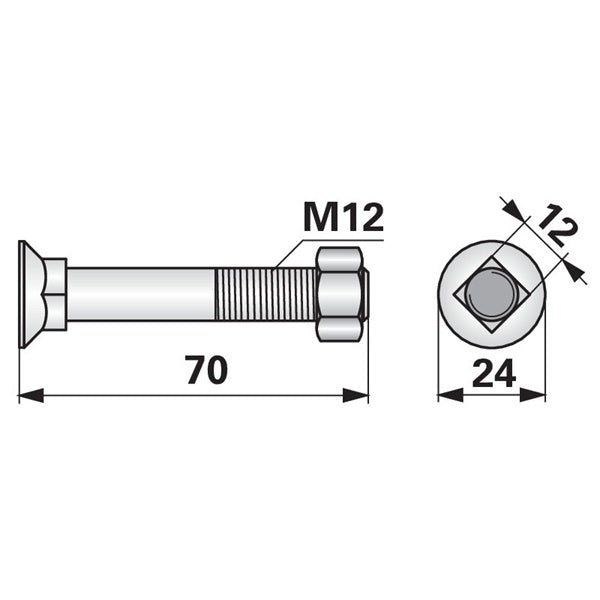 Pflugschraube - DIN 608 mit Vierkantansatz und Mutter - M12 x 70 mm – Pflug Ersatzteil