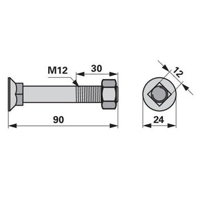 Pflugschraube - DIN 608 mit Vierkantansatz und Mutter - M12 x 90 mm – Schrauben Ersatzteil