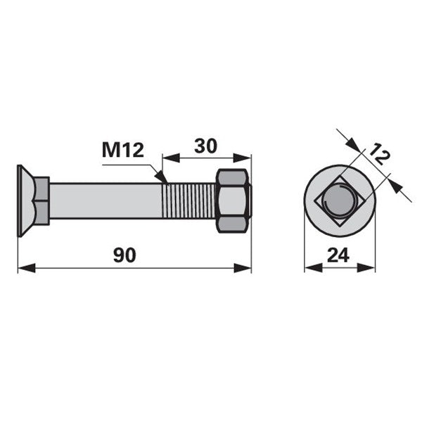 Pflugschraube - DIN 608 mit Vierkantansatz und Mutter - M12 x 90 mm – Schrauben Ersatzteil