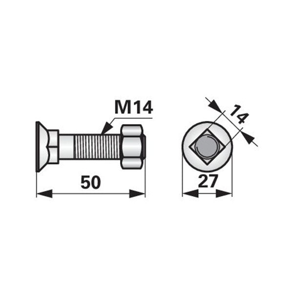 Pflugschraube - DIN 608 mit Vierkantansatz und Mutter - M14 x 50 mm – Schrauben Ersatzteil