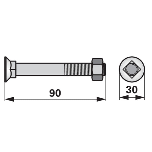 Pflugschraube - DIN 608 mit Vierkantansatz und Mutter - M16 x 90 mm – Pflug Ersatzteil