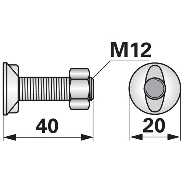 Pflugschraube - Form Huard - Krone mit 2 - Nasen und Mutter - M12 x 40 mm – Pflug Ersatzteil