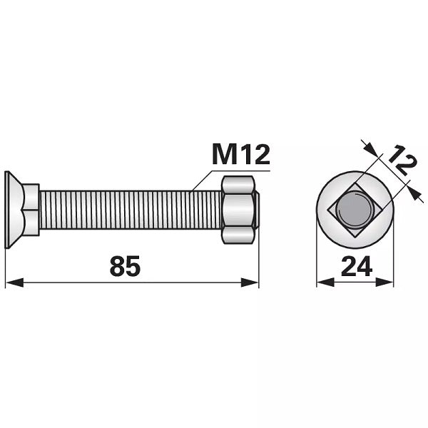 Pflugschraube Vierkant - M12x85 mm - 10 Stück mit Mutter - Variante 1 – Bodenbearbeitung Ersatzteil