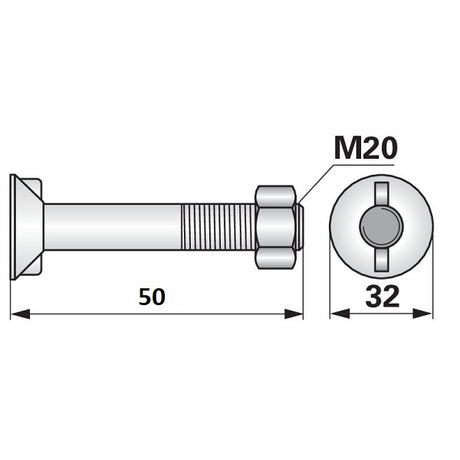 Pflugschraube - DIN 11014 mit 2 - Nasen und Mutter - M20 x 2,5 x 50 mm – Landtechnik Ersatzteil