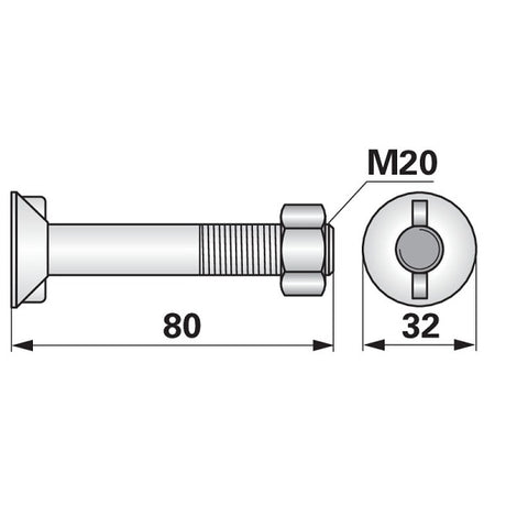Pflugschraube - DIN 11014 mit 2 - Nasen und Mutter - M20 x 2,5 x 80 mm – Pflug Ersatzteil