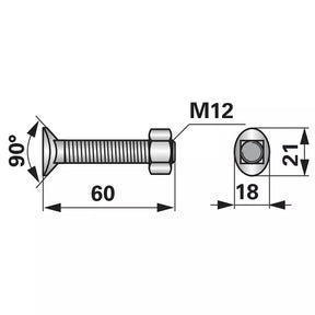 Planetenschraube Vierkant - M12x60 mm - mit Mutter - 10 Stück – Schrauben Ersatzteil