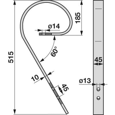 Schleppzinke - Materialstärke: 45 x 10 mm - Lochabstand: 45 mm – Striegel Zinken Ersatzteil