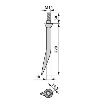 Eggenzahn 18x220 gebogen M14, Vierkant 14,5 mm