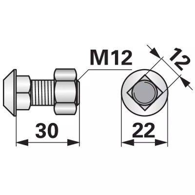 Pflugschraube Vierkant - M12x30 mm - mit Mutter - 10 Stück